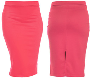 Solid Coral Pencil Midi Bodycon with Back Slit Skirt