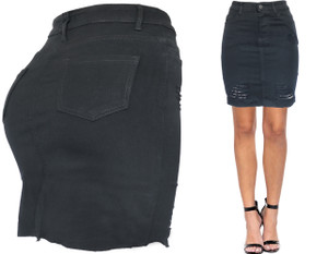 Distressed High Waisted Black Jean Skirt Fringed Slim Fit Denim Mini Skirt