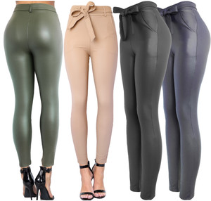 Belted High Waist Stretchy Faux Leather Leggings Sexy High Pants