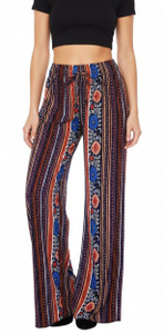 Navy Flower Aztec Print Palazzo Pants. High Waisted Women's Pleated Slinky Stretchy Palazzo Pants. Great casual pants that with right accessories will transform in evening pant. Trendy loose fit and super elegant and chic colors are unique and will bring your summer look to another level . Lightweight and flowing fabric is ideal for those hot summer days. Wide legs combined with pleating from the waist down makes it move like a skirt creating a flattering volume. Modern paisley design in fashionable color. Can be easily dressed up or down.