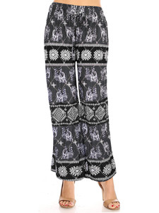 Black Elephant summer pants. These high-waisted women's pleated slinky stretchy palazzo pants are great for casual wear .The trendy loose fit and super elegant and chic colors are unique and will take your summer look to another level. The lightweight and flowing fabric is ideal for hot summer days. The wide legs combined with pleating from the waist down make these pants move like a skirt and create a flattering volume. The modern elephant design in fashionable colors can be easily dressed up or down. Black Elephant summer pants. These high-waisted women's pleated slinky stretchy palazzo pants are great for casual wear .The trendy loose fit and super elegant and chic colors are unique and will take your summer look to another level. The lightweight and flowing fabric is ideal for hot summer days. The wide legs combined with pleating from the waist down make these pants move like a skirt and create a flattering volume. The modern elephant design in fashionable colors can be easily dressed up or down.