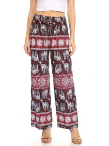 Burgundy Elephant Pleated Palazzo Wide Leg Causal Pants