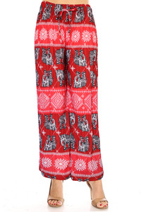 Red Elephant summer pants. These high-waisted women's pleated slinky stretchy palazzo pants are great for casual wear .The trendy loose fit and super elegant and chic colors are unique and will take your summer look to another level. The lightweight and flowing fabric is ideal for hot summer days. The wide legs combined with pleating from the waist down make these pants move like a skirt and create a flattering volume. The modern elephant design in fashionable colors can be easily dressed up or down.