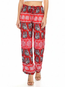 Red Elephant summer pants. These high-waisted women's pleated slinky stretchy palazzo pants are great for casual wear .The trendy loose fit and super elegant and chic colors are unique and will take your summer look to another level. The lightweight and flowing fabric is ideal for hot summer days. The wide legs combined with pleating from the waist down make these pants move like a skirt and create a flattering volume. The modern elephant design in fashionable colors can be easily dressed up or down.