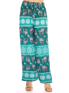 Green Elephant summer pants. These high-waisted women's pleated slinky stretchy palazzo pants are great for casual wear .The trendy loose fit and super elegant and chic colors are unique and will take your summer look to another level. The lightweight and flowing fabric is ideal for hot summer days. The wide legs combined with pleating from the waist down make these pants move like a skirt and create a flattering volume. The modern elephant design in fashionable colors can be easily dressed up or down. Green Elephant summer pants. These high-waisted women's pleated slinky stretchy palazzo pants are great for casual wear .The trendy loose fit and super elegant and chic colors are unique and will take your summer look to another level. The lightweight and flowing fabric is ideal for hot summer days. The wide legs combined with pleating from the waist down make these pants move like a skirt and create a flattering volume. The modern elephant design in fashionable colors can be easily dressed up or down.