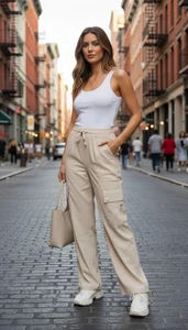 Beige Cargo Pants for Women. Hiking pants for ladies who loves comfort and practicality. Stretchy loose pants are quick drying summer pants.