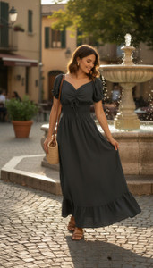 Gauze Look Black Smocked Waist Maxi Dress Solid Lightweight Summer Long Dress