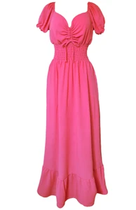Gauze Look Hot Pink Smocked Waist Maxi Dress Solid Lightweight Summer Long Dress