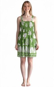 Tribal Green Summer Sundress Women Hawaiian Beach Cover Up Sleeveless Smocked Dress