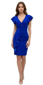 Solid Royal Bodycon Dress V-neck Short Sleeve Summer Dress with Side Ruffle