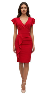 Solid Red Bodycon Dress V-neck Short Sleeve Summer Dress with Side Ruffle