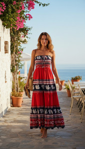 Ethnic Red Elephant  Cotton Blend Long Summer Smocked Strapless Gypsy Dress