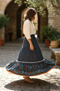 Folk Long Blue Skirt Smocked Waist Floral Ruffle Hem Bohemian Gypsy Skirt