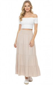 Smocked Waist Beige Summer Women Cotton Blend Solid Gypsy Skirt Long Maxi Skirt Boho