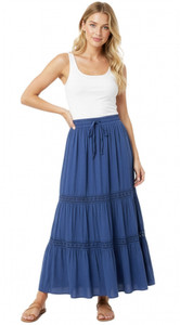 Cotton Blend Blue Solid Flared Boho Gypsy Skirt Long Maxi Skirt Bohemian Skirt