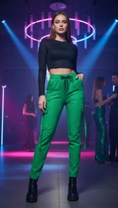 Green Jeggings pants with Cargo Pockets . Cargo Pants with elastic waist. Slim cargo pants .