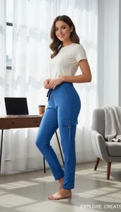 Blue  Jeggings pants with Cargo Pockets . Cargo Pants with elastic waist. Slim cargo pants .