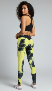 Yellow Tie dye Workout Booty Butt Lift High Waist Textured Scrunch Butt Bubble Leggings