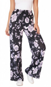 Grey Mauve Flower Wide Leg Pants Ethnic Palazzo Pants Stretchy Pleated Pants