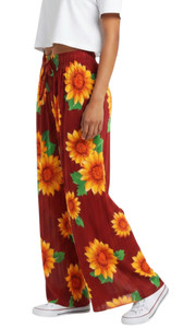 Sunflower Shiny Flower Sparkly Burgundy Palazzo Pants Wide Leg Summer Stretch Pants