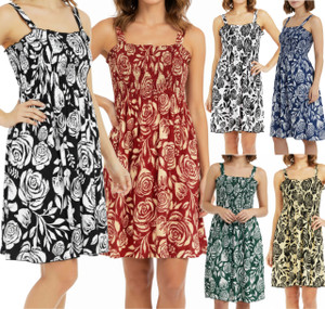Roses Summer Sundress Women Flower Sparkles Beach Cover Up Tank Smocked Dress