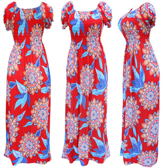 Summer lightweight long dress. Smocked bust and puffed short sleeves. Round neck line geometric flower summer dress