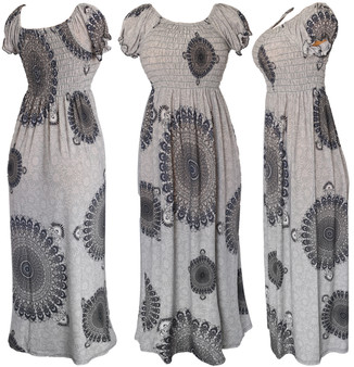 Summer lightweight long dress. Smocked bust and puffed short sleeves. Round neck line bohemian summer dress