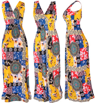 When the days get long and hot, this dress has you covered. It’s a summer dream come true, with a deep V-neck and sleeveless arms to keep you cool. The vibrant patchwork pattern combines floral and geometric prints with a dash of boho chic. It’s perfect for a casual summer party and versatile enough for a shopping trip, a day at the beach, or just running errands.