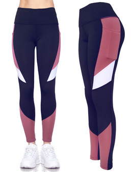 Active wear leggings with side pockets. Solid color inserts on the side. Stretchy leggings for active ladies.