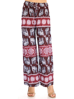 Burgundy Elephant summer pants. These high-waisted women's pleated slinky stretchy palazzo pants are great for casual wear .The trendy loose fit and super elegant and chic colors are unique and will take your summer look to another level. The lightweight and flowing fabric is ideal for hot summer days. The wide legs combined with pleating from the waist down make these pants move like a skirt and create a flattering volume. The modern elephant design in fashionable colors can be easily dressed up or down.