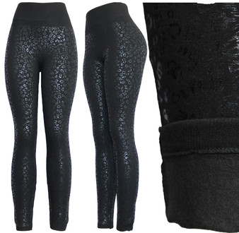 Leopard print foil leggings. Fleece lined winter leggings. These winter leggings combine the fashionable look with the comfort of leggings. They’re made of a stretchy material that allows for freedom of movements. Match them with your favorite boots or heels and watch the compliments roll in.