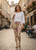 Cream Rose Cotton Blend Basic Causal Fun Printed Leggings