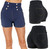 Mini denim look shorts. Shorts are high waisted and decorated with chic buttons.