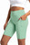 Green gym shorts. Those shorts are designed for ladies that are super active and fashionable. Stretch and cool comfort workout biker shorts. Great Bermuda shorts for riding your bike, running or attending yoga class.  Ideal length - 8.5" provides control of coverage yet allows you to freely move and exercise. Perfect for your vacation gateway. You will love how great those feel on your skin. Pockets on both sides
