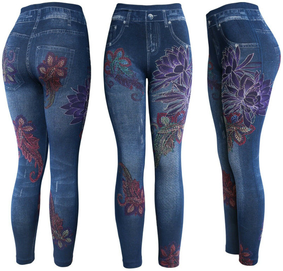 Lotus with Sparkle High Waist Women's Denim Print Fake Faux Jeans Leggings Pants
