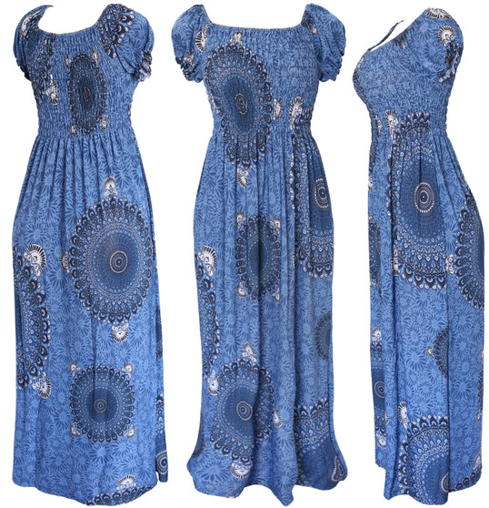 Circles Bohemian Blue Smocked Summer Sundress Long Dress