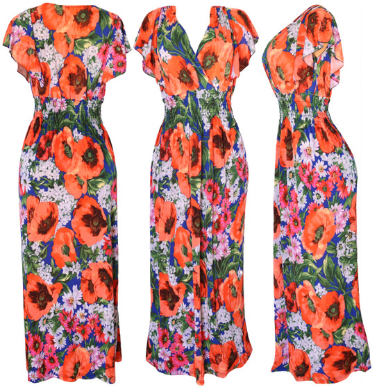 Lightweight Summer Dress. Beautiful Poppy Flower themed dress that is perfect for your summer evening event . Butterfly flowy sleeves are supper flattering. Deep v neck line with smocked under bust