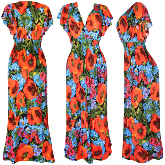 Lightweight Summer Dress. Beautiful Poppy Flower themed dress that is perfect for your summer evening event . Butterfly flowy sleeves are supper flattering. Deep v neck line with smocked under bust