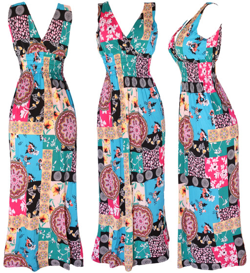 When the days get long and hot, this dress has you covered. It’s a summer dream come true, with a deep V-neck and sleeveless arms to keep you cool. The vibrant patchwork pattern combines floral and geometric prints with a dash of boho chic. It’s perfect for a casual summer party and versatile enough for a shopping trip, a day at the beach, or just running errands.