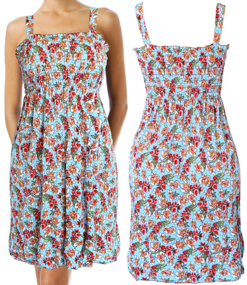 Small Flowers Sky Blue Beach Cover Up Sleeveless Smocked Dress