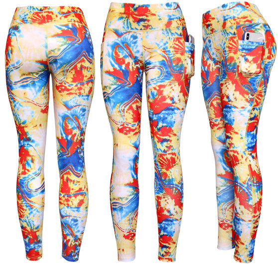 Active wear leggings with side pockets. Solid color inserts on the side. Stretchy leggings for active ladies.