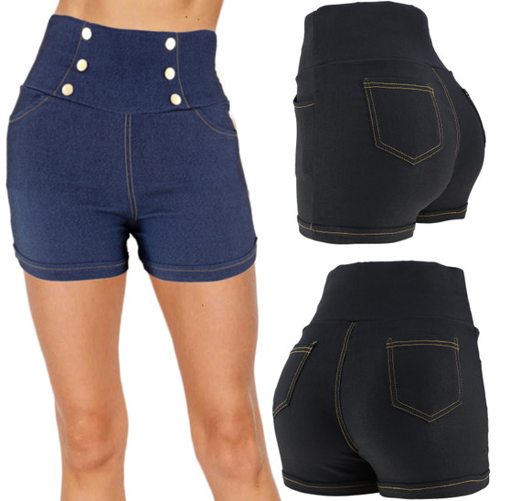 Mini denim look shorts. Shorts are high waisted and decorated with chic buttons.