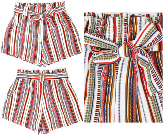 Elegant shorts features pull-on closure, belt tie and functional side pockets. Choose from many fun summer themed prints like stripped shorts, Hawaiian shorts, floral and rose print hi waisted shorts, aztec shorts and nautical shorts. We also have watermelon print typical vacation themed print! Colorful print loose elastic waist shorts. Belted Waist Shorts for women. Those Bowknot Summer Shorts are perfect to pair with any clothing: with cami top, short sleeve blouse, coat, crop top, long sleeve tee.