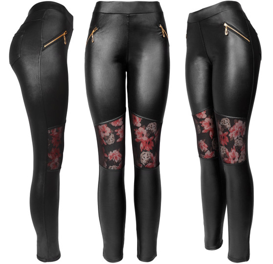 These super sexy leggings are made of a fashionable splice leather look. They are great for clubbing, dates, and girls' nights out. Wear them with your favorite t-shirt or tunic and boots for a trendy casual look. Choose from the super sexy lace insert style to the classic leather pant look, the Biker. The pull-on closure is finished with a 1.5-inch elastic waistband. Approximate measurements: Inseam 26.5", Rise 11". Please note that sizing runs small.