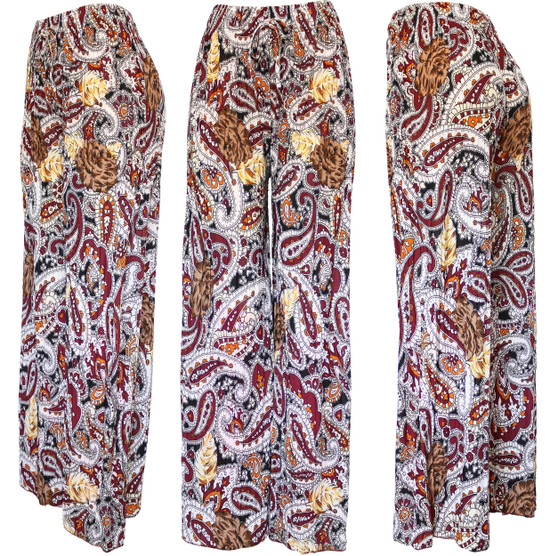 Burgundy Paisley Print Palazzo Pants. High Waisted Women's Pleated Slinky Stretchy Palazzo Pants. Great casual pants that with right accessories will transform in evening pant. Trendy loose fit and super elegant and chic colors are unique and will bring your summer look to another level . Lightweight and flowing fabric is ideal for those hot summer days. Wide legs combined with pleating from the waist down makes it move like a skirt creating a flattering volume. Modern paisley design in fashionable color. Can be easily dressed up or down.