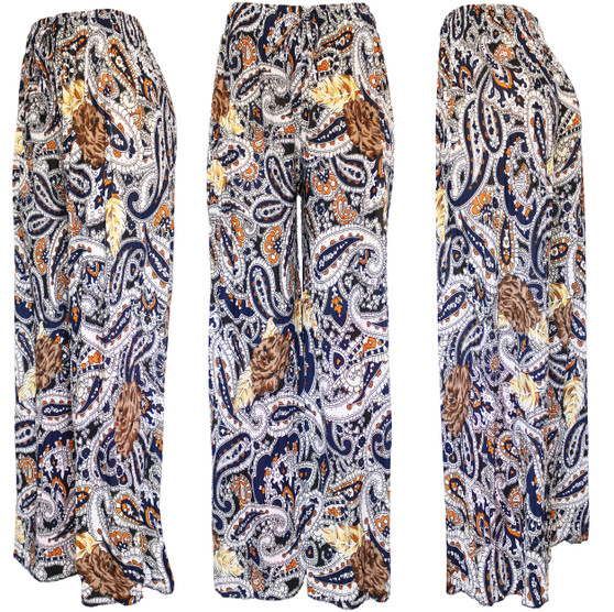 Navy Paisley Print Palazzo Pants. High Waisted Women's Pleated Slinky Stretchy Palazzo Pants. Great casual pants that with right accessories will transform in evening pant. Trendy loose fit and super elegant and chic colors are unique and will bring your summer look to another level . Lightweight and flowing fabric is ideal for those hot summer days. Wide legs combined with pleating from the waist down makes it move like a skirt creating a flattering volume. Modern paisley design in fashionable color. Can be easily dressed up or down.