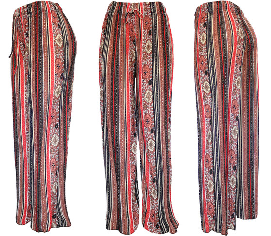 Brown Flower Aztec Print Palazzo Pants. High Waisted Women's Pleated Slinky Stretchy Palazzo Pants. Great casual pants that with right accessories will transform in evening pant. Trendy loose fit and super elegant and chic colors are unique and will bring your summer look to another level . Lightweight and flowing fabric is ideal for those hot summer days. Wide legs combined with pleating from the waist down makes it move like a skirt creating a flattering volume. Modern paisley design in fashionable color. Can be easily dressed up or down.