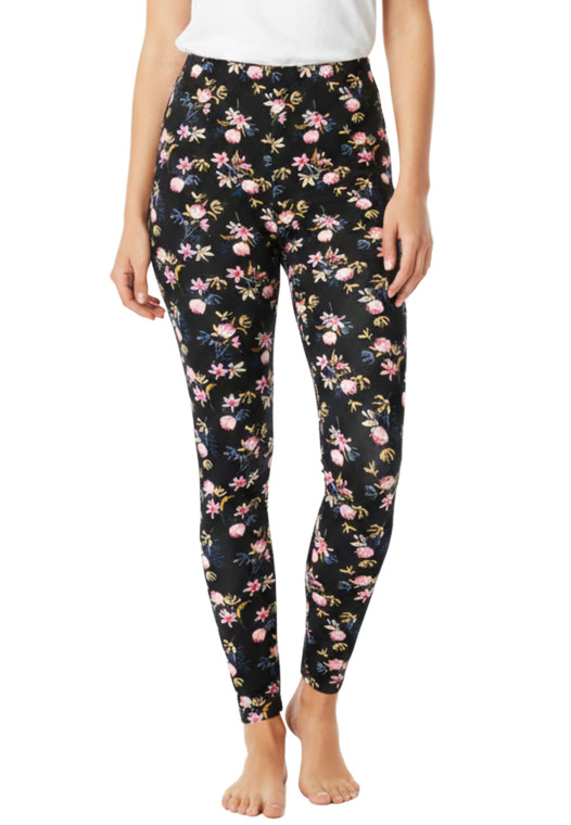 Black Garden Flowers Cotton Blend Basic Causal Fun Printed Leggings
