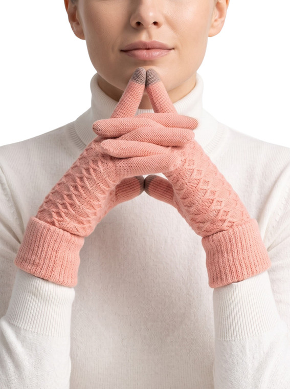 Touchscreen Winter Cuffed Magic Gloves Stretch Knit No Fleece Lining Coral Pink