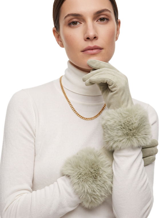Beige Touchscreen Gloves w Faux Fur Warmer Cuff Luxurious Soft Winter Gloves